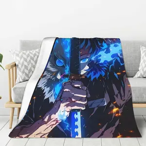 Demon Slayer Inosuke Hashibira Flannel Blanket - Dynamic Anime Art with Beast Mask & Blue Flame Sword, Ultra-Soft Cozy Throw for Bedroom Living Room, Perfect Gift for Demon Slayer Fans