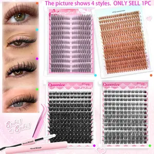 Individual Cluster, Wispy Soft Wide Stem Lash Cluster Set, Fishtail/Comic Elf/Cat Eye/Brown Lash, Wet Look/Dramatic/Glam/Volume+Wispy, with 2in1 Glue&Tweezers, Reusable to Enhance Eye Makeup, Daily/Wedding/Party/Music Festival/Mother's Day