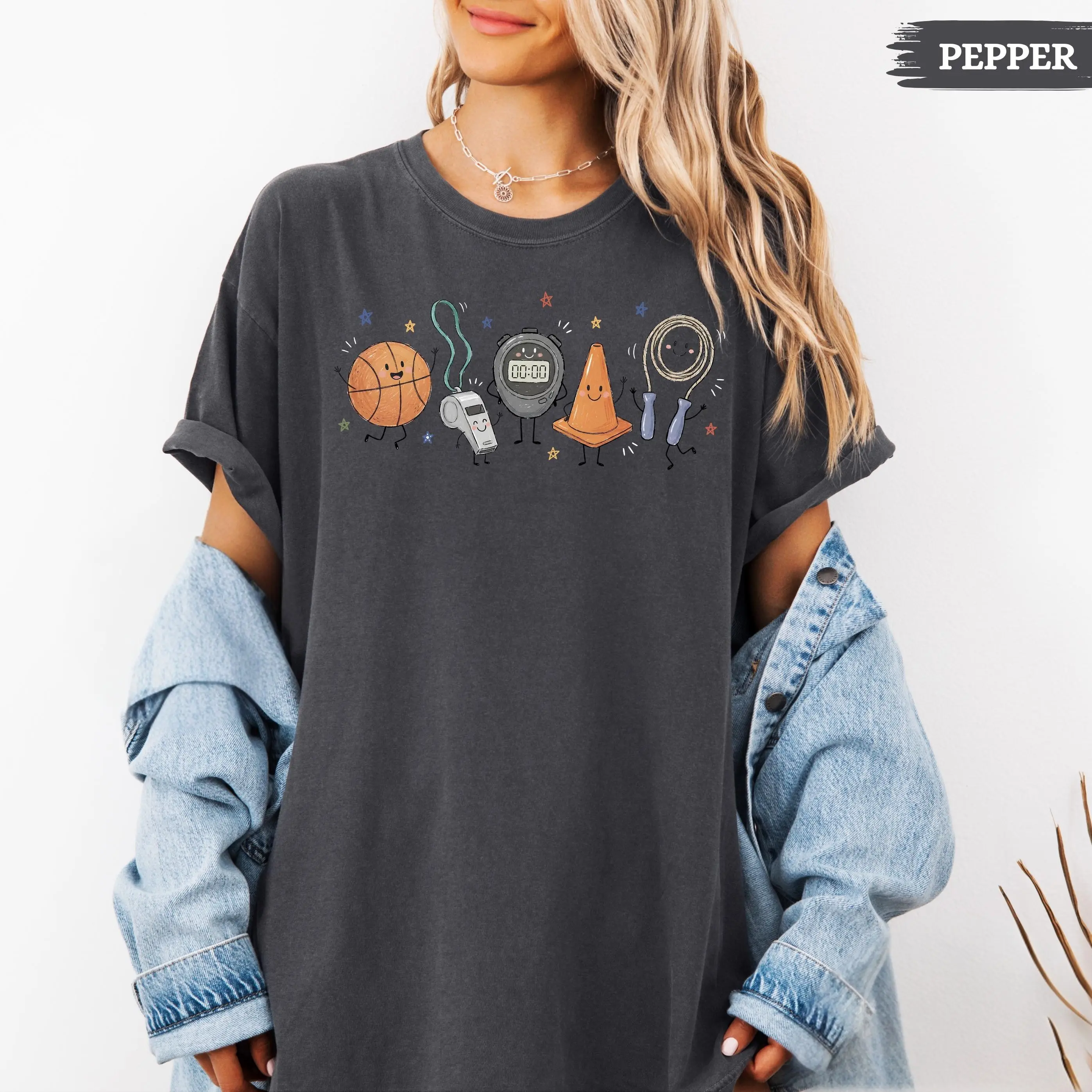 Comfort Colors PE Teacher Doodle Character Shirt, Physical Education Tee, Happy Whistle Basketball Shirt, First Day Of School T Shirt