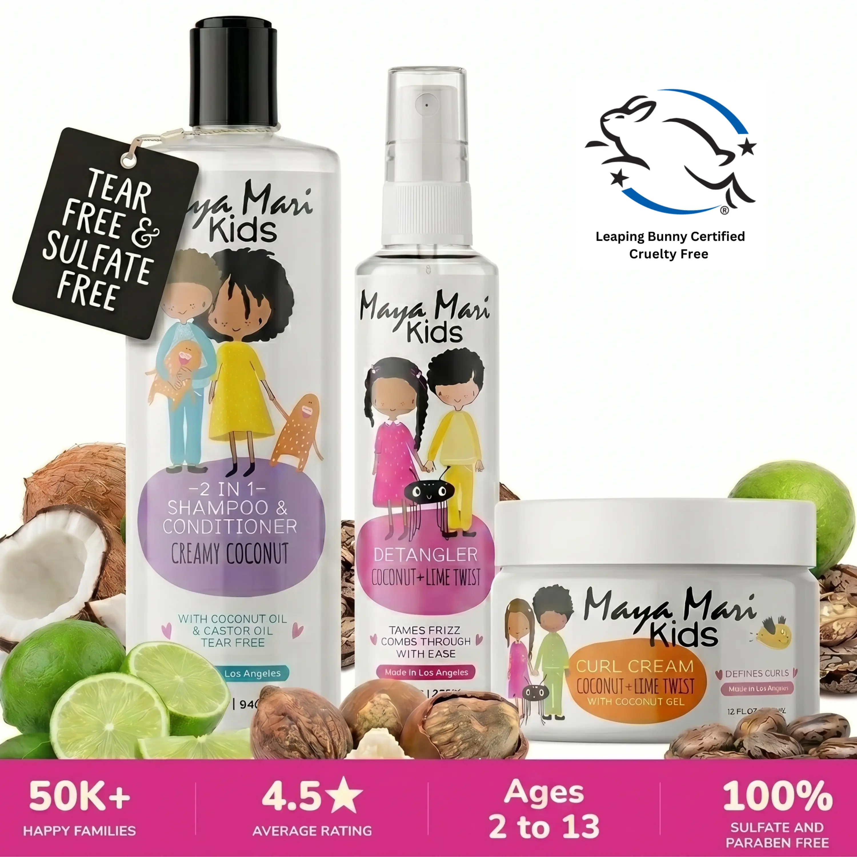 Maya Mari Kids Unisex Youth Curly Hair Products 3-Piece Haircare Set - Gentle Coconut Cleanser 2-in-1 Shampoo Conditioner, Hair Cream, Detangler Spray for Daily Cleansing, Moisturizing, Detangling