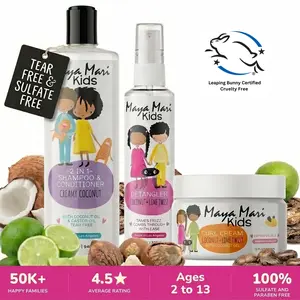 Maya Mari Kids Unisex Youth Curly Hair Products 3-Piece Haircare Set - Gentle Coconut Cleanser 2-in-1 Shampoo Conditioner, Hair Cream, Detangler Spray for Daily Cleansing, Moisturizing, Detangling
