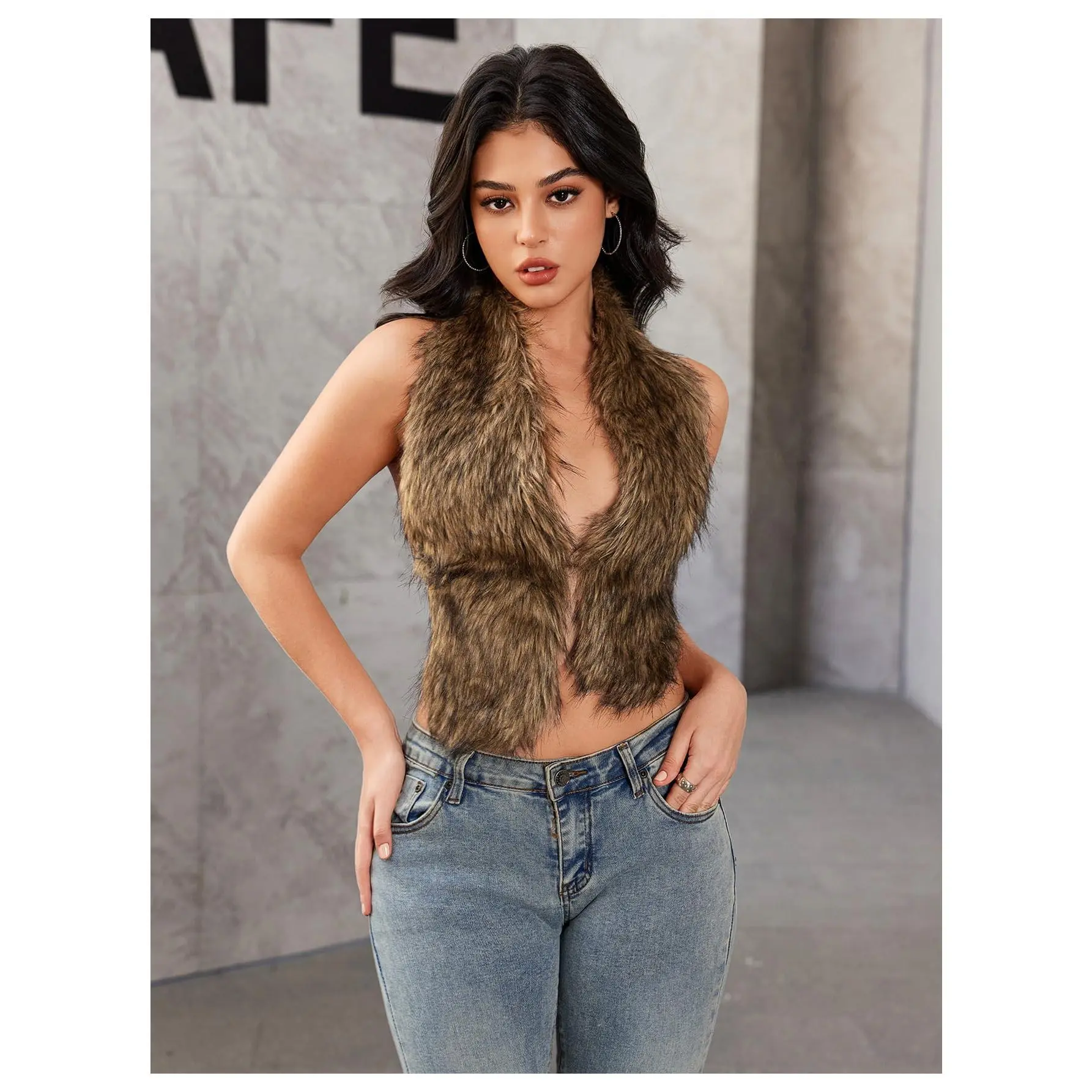 TikTokShopBlackFriday Fuzzy Faux Fur Halter Top Sleeveless Tie Backless Going Out Tops Cowboy Chic Outfits
