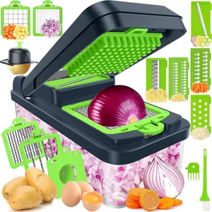 12-in-1 Vegetable Chopper Kitchen Gadget - 7 Blades, Cucumber Slicer, Versatile Mandoline, Egg Separator, Finger Guard - Green Kitchen Utensil for Food Prep