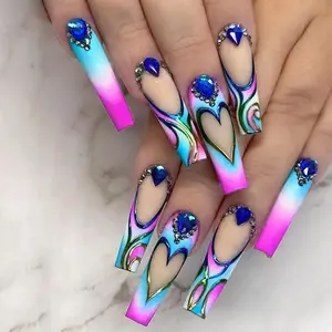 Press on Nails Extra Long Square Artificial Acrylic Fake Nails with Blue Diamond Heart Design Colorful Gradient French False Nails Full Cover Reusable Coffin Nails Glue on Nails for Women 24Pcs
