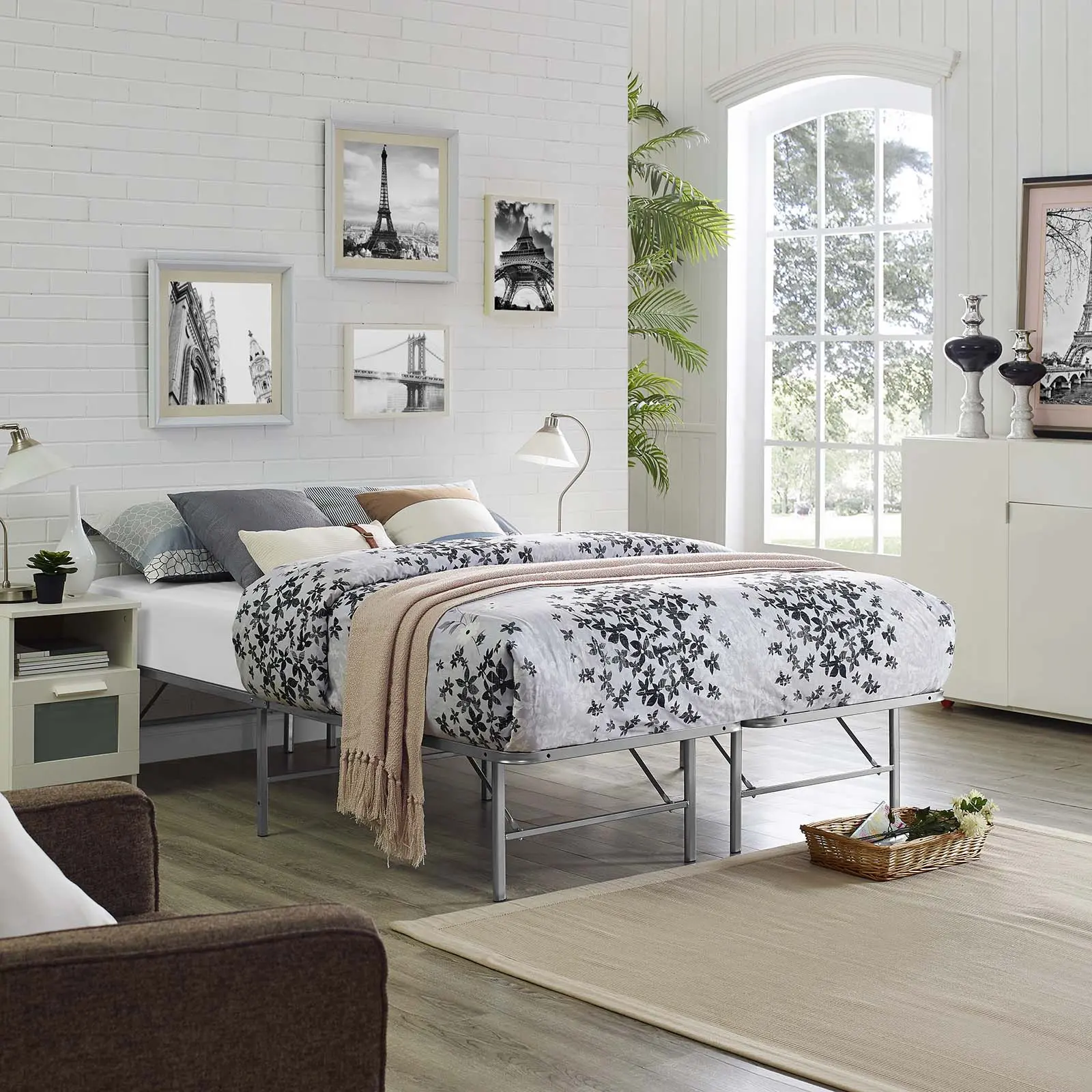 Modway Horizon Queen Heavy-Duty Silver Stainless Steel Metal Frame - Low-Profile Modern Bedroom Upgrade, Easily Folds Away, Tool-Free Assembly, Memory Foam & Hybrids Compatible, Increases Mattress Lifespan, Storage Solutions