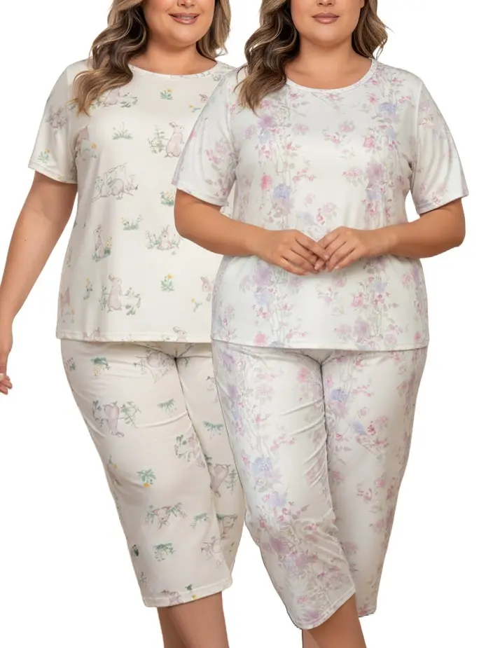 Women's Plus Size 2-Piece Pajamas Set (1XL-5XL) - Crew Neck Short-Sleeve Capri Pants Nightwear, Cute Elegant Milk Silk Knitted Bunny/Floral Print Fabric, Soft Breathable Loose Comfy Maternity Homewear for Curvy Ladies