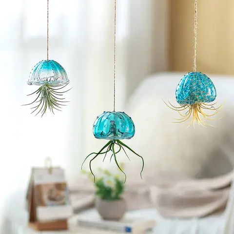 3Pcs Hand-Blown Glass Hanging Air Plant Holders with Jute Ropes - 1.77-Inch Inner Diameter, Plant Support for Tillandsia & Moss, Kitchen/Bedroom Indoor Decor Planters for Container Gardening