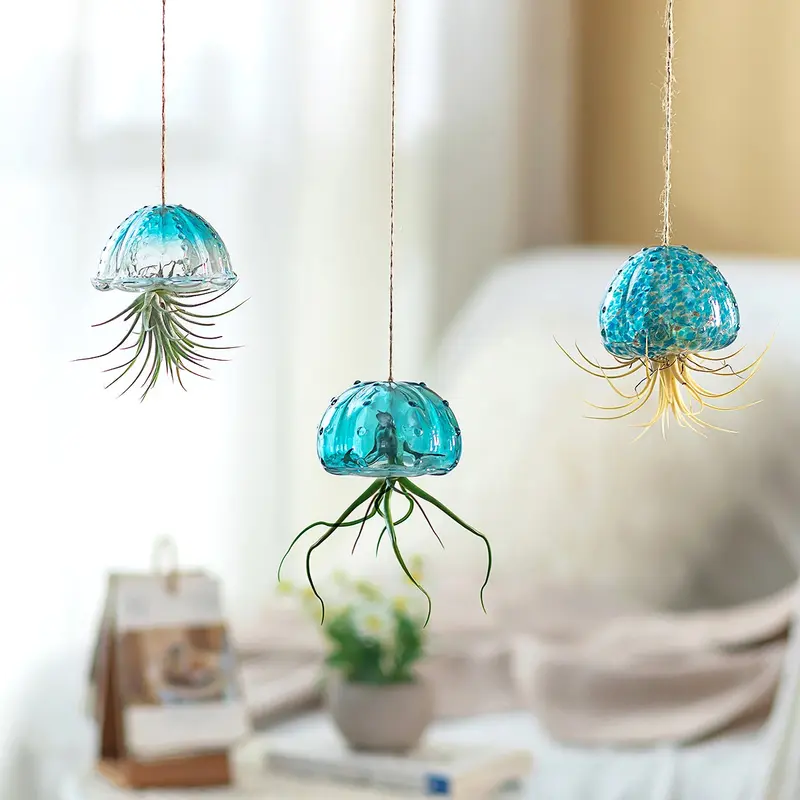 3Pcs Hand-Blown Glass Hanging Air Plant Holders with Jute Ropes - 1.77-Inch Inner Diameter, Plant Support for Tillandsia & Moss, Kitchen/Bedroom Indoor Decor Planters for Container Gardening