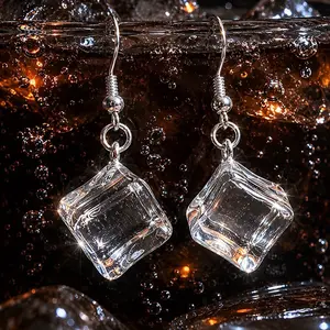 Novelty Ice Cube Earrings - Clear Resin Dangle Earrings, Silver Hook Closures