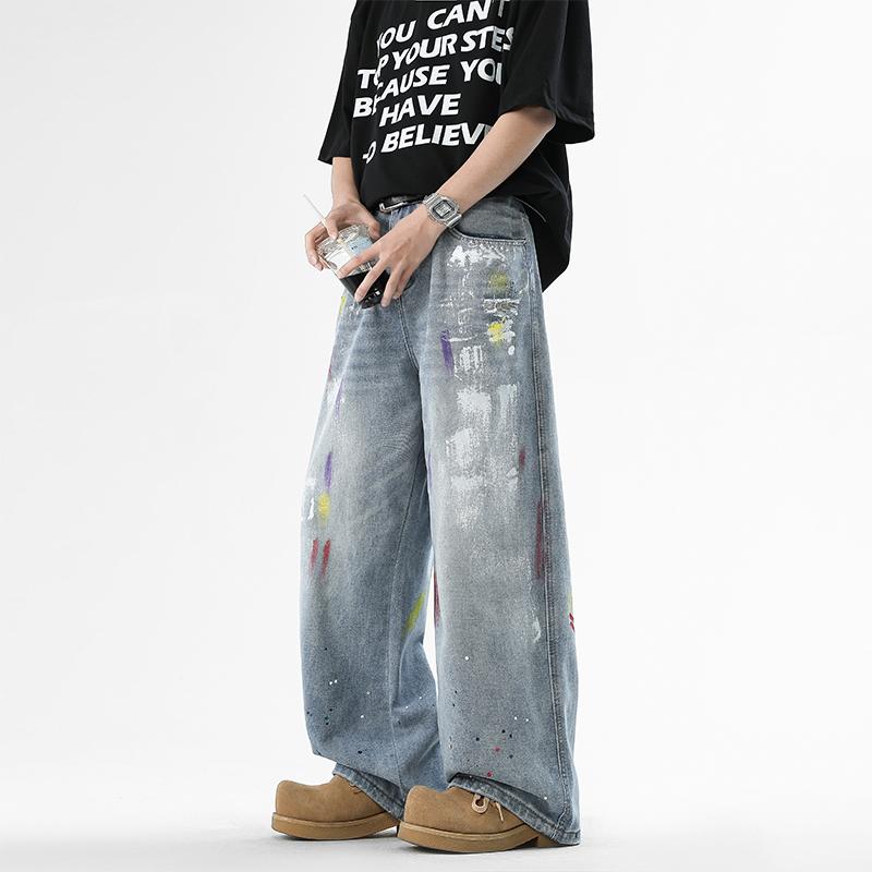 High Street New Trendy Brand Ripped Printed Jeans, Men's Washed Vintage High Street Long Pants for Spring and Fall, Loose Casual Versatile Straight Leg Pants, Niche Design Graffiti Splash Straight Mid-Rise Jeans, Wide Leg Trousers, Men's Jeans, Men's Bott