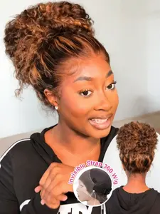 Invisible Drawstring 360 Full Lace Wig Glueless Kinky Curly Human Hair Wigs Hidden Adjustable Strap P4/27 Highlight Transparent Lace Frontal Wig Pre-Plucked With Baby Hair Can Make Ponytail And Bun Multicolor For Women Deep Curly