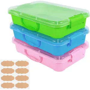 3 Pcs Plastic Sensory Bins-Portable Sandbox Container with Handle & Clear Lid-Stackable Play Tray for Kids Storage Sand,Toys & Crafts-Organizing Container for Home,Office and More(Green+Blue+Pink)