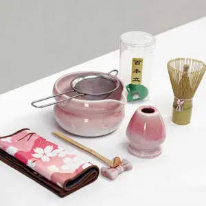Matcha Whisk Set Pink Edition Ceramic Bowl Whisk Holder Bamboo Scoop Rest Sifter Tea Towel 7 Pcs Kit for Matcha Lovers