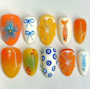Handmade Brilliant Orange Color Fish 3D Press on Nails, Elegent Flower Oval Press-on Nail, Luxury Nails, Y2k Style Nailbox Custom Nails, Party, Birthday Gifts, Nailart