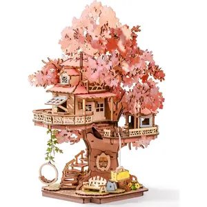 ROBOTIME DIY Miniature House Kits for Adults, 3D Wooden Puzzles for Teenager, Japanese Cherry Blossom Tree Sakura Bonsai Plants for Birthday Gifts and Hobbies (Sakura Tree House)