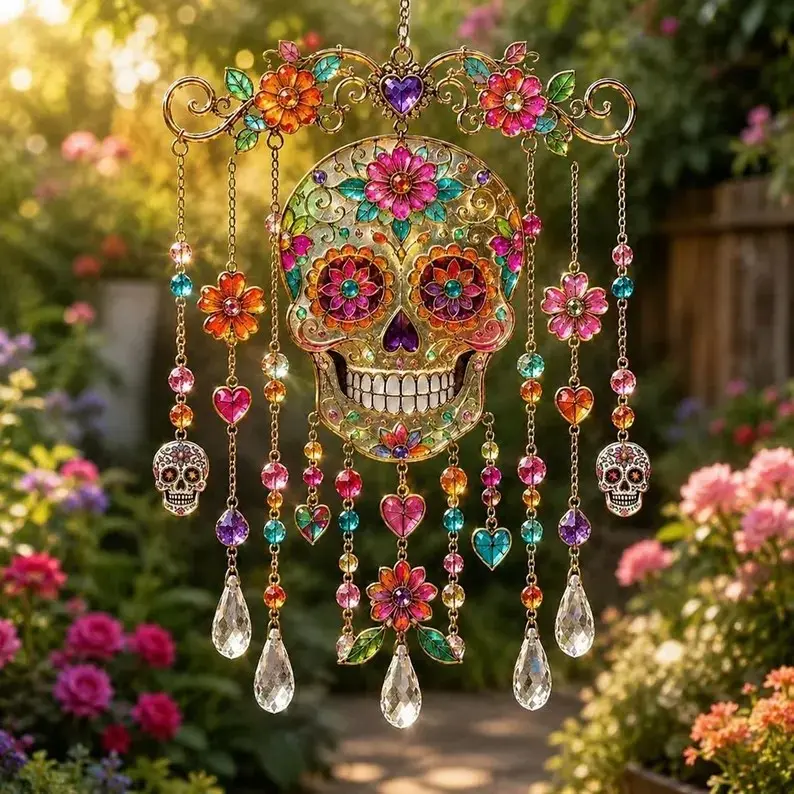 Stained Glass Sugar Skull Window Hanging, Day of the Dead Colorful Floral Skull Sun Catcher with Crystals and Beads, Gothic Home garden decor supply statue funny decoration sculpture
