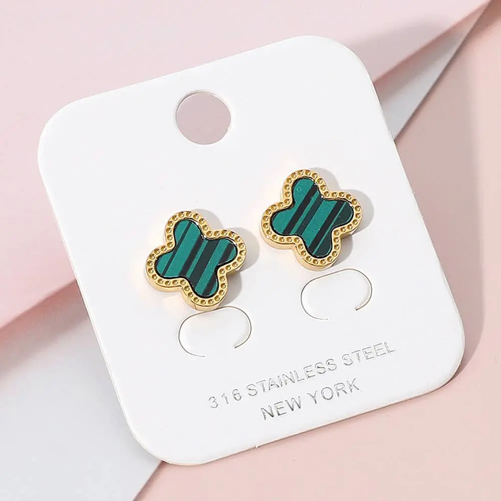 Stainless Steel Quatrefoil Stone Cluster Stud Earrings