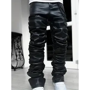 [1pc Men'S Faux Leather Pants] Men'S Casual Faux Leather Pants with Slight Stretch, Solid Color, Loose Fit Straight Leg Woven Trousers
