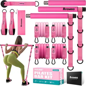 Pilates Bar Kit with Resistance Bands, Pilates Workout Equipment for Legs, Hip, Waist, Arm, Squats Exercise Equipment for Home Workouts, Adjustable 3-Section Pilates Bar Kit for Women & Men