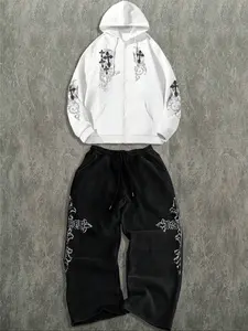 Cross Graphic Zip - Up Hoodie and Track Pants Set, Edgy Streetwear, streetwear tracksuit set, TikTok - Trending Fashion