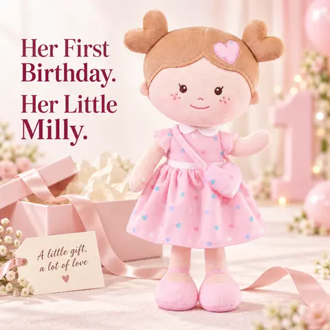 Onetoo Little Milly Pigtails Baby Doll - Soft Cuddle Stuffed Toy for Girls, Pink Heart Dress, 0-6 Years Newborns-Toddlers, Ideal Baby Shower/Christmas Gifts, Delightful Cute Play Bedtime Companion