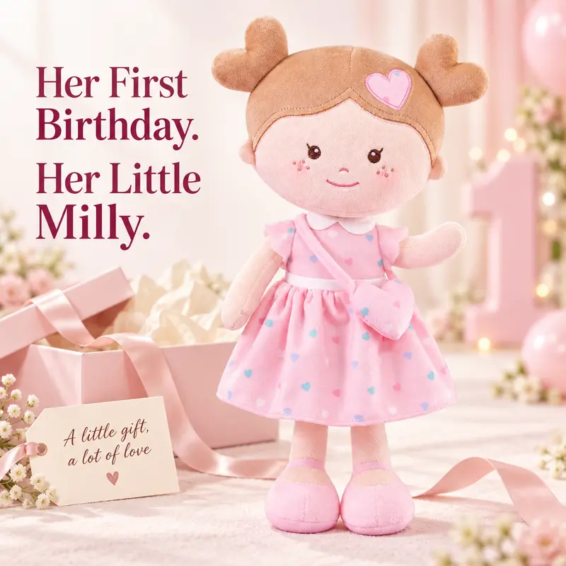 Onetoo Little Milly Pigtails Baby Doll - Soft Cuddle Stuffed Toy for Girls, Pink Heart Dress, 0-6 Years Newborns-Toddlers, Ideal Baby Shower/Christmas Gifts, Delightful Cute Play Bedtime Companion
