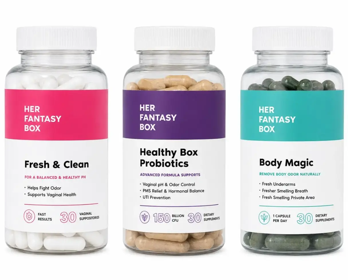 Her Fantasy Women's Complete Health Bundle - Ultimate Odor Control & Detox Trio: Chlorophyll, V-Health Probiotics & pH Boric Acid Kit ﻿