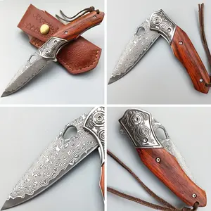 Damascus steel pocket knife, hand-forged VG10 Damascus steel blade folding knife, 67-layer Damascus steel knife, wooden handle.