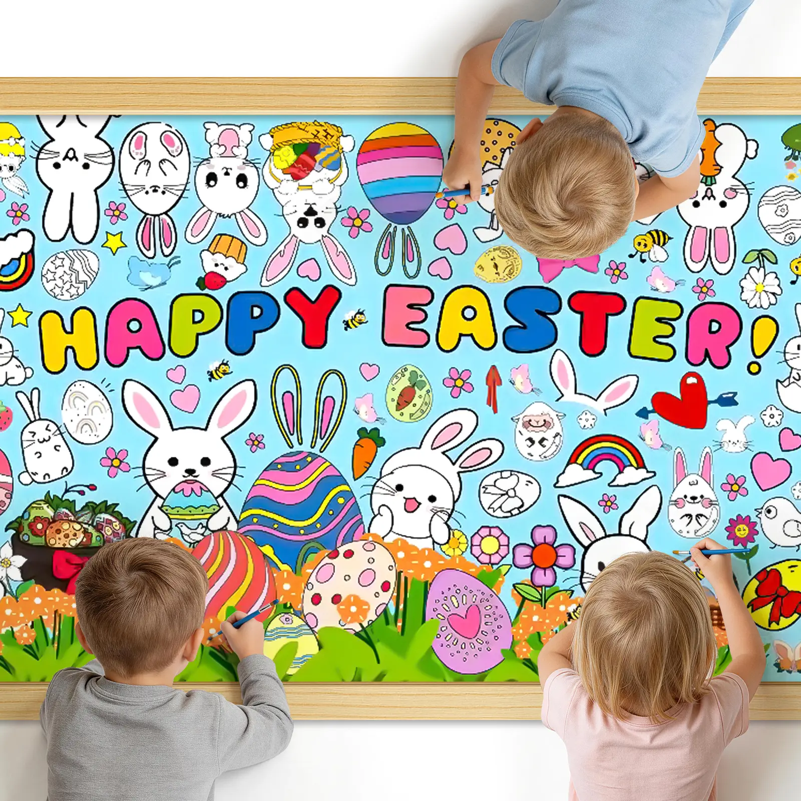 Large Happy Easter Coloring Table Cloth - Giant Spring Rabbits Flower Coloring Poster, Jumbo Funny Paper Tablecloth Cover Banner for Easter Decorations Party Supplies Gifts Favors Crafts, 31x 72 Inch