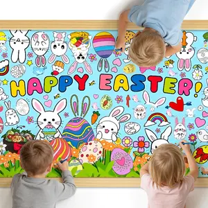 Large Happy Easter Coloring Table Cloth - Giant Spring Rabbits Flower Coloring Poster, Jumbo Funny Paper Tablecloth Cover Banner for Easter Decorations Party Supplies Gifts Favors Crafts, 31x 72 Inch