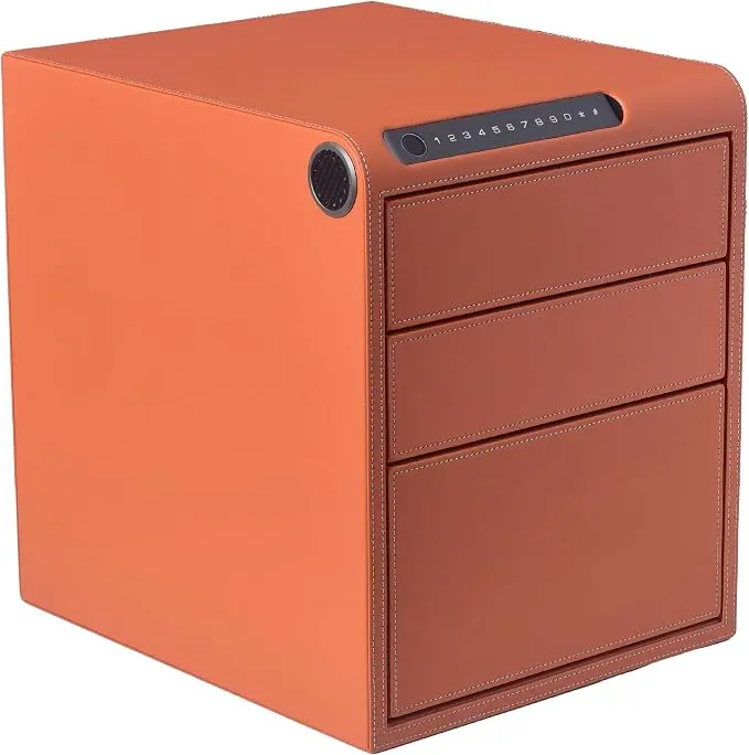Golden Key Leather-Wrap Steel Alloy Biometric Safe, 14x16.5in Home-Office Safe for Cash & Jewelry Protection, Quick-Access Fingerprint Lock, Digital Keypad, Slide-Away Drawer, Divided Trays, LED Time Display