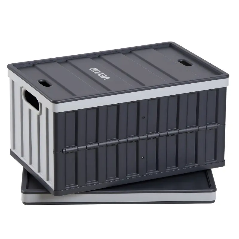 VEVOR Plastic Collapsible Storage Boxes, 2-Pack 65L Lightweight Stackable Folding Crates with Lids & Handles, 84 lbs Capacity Per Bin, Heavy-Duty Household Organiser Containers for Home Organizing