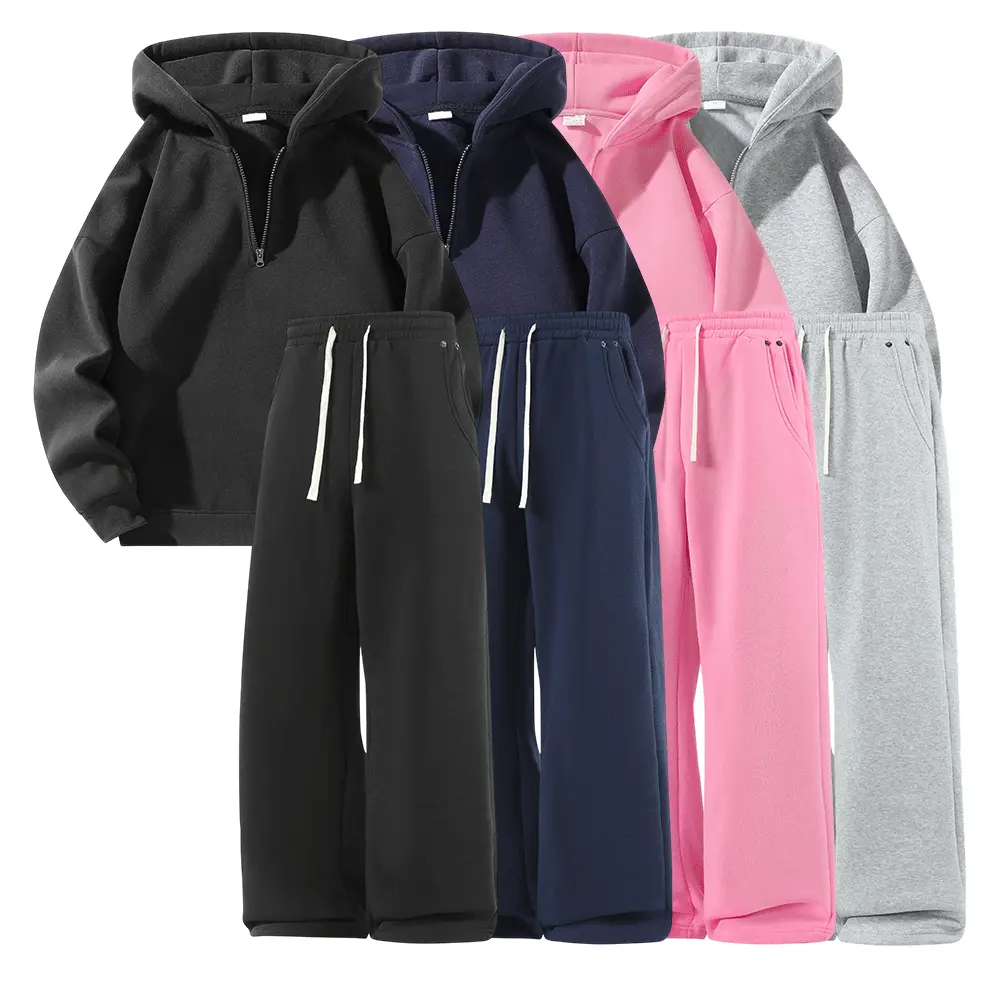 Half-zip hooded sweatshirt and wide-leg sweatpants set in a street-casual style, featuring a half-open hoodie paired with drawstring-waist wide-leg pants. Solid color coordinated outfit available in four colors, suitable for everyday outings, commuting, a