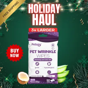 【Holiday Season】Petazy Wrinkle Wipes for Dogs | 3x Larger Dog Face Wipes for French Bulldog and Pug - Cleanse Skin Folds, Tear Stains, Tail Pockets | Anti-Itch, Soothing, & Hypoallergenic with Coconut Oil | 50 Count