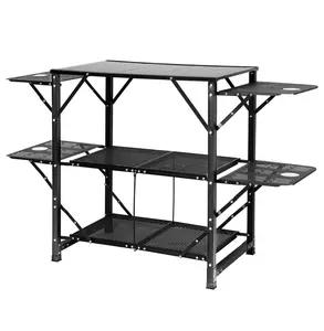 Camping Kitchen Table, Portable Folding Cook Station with Side Tables & Shelves, Aluminum Outdoor Table for Picnics, BBQ, RV, Camp Cooking Default