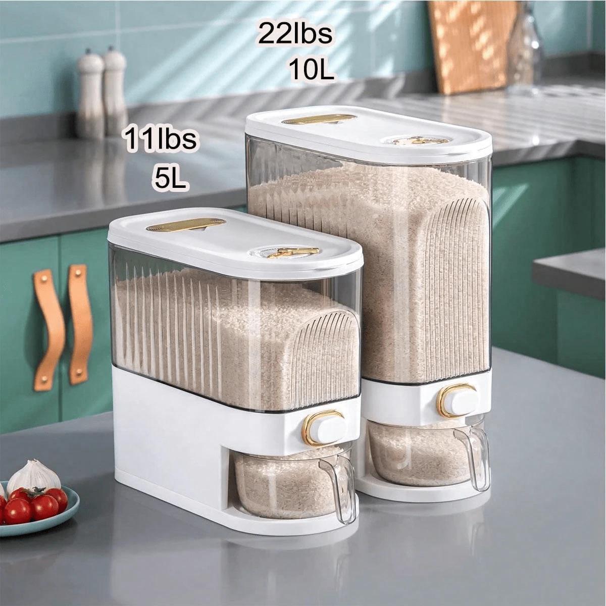 A large-capacity rice storage container with a measuring cup, moisture-proof and insect-proof sealed storage container, suitable for storing rice, grains, flour, dog food, pet food, household sealed rice container, and household kitchen supplies