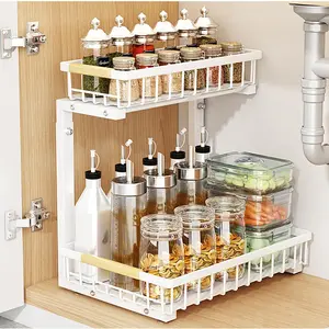 2-Tier Adjustable Under Basin Organizer, Pull-Out Sliding Metal Storage Shelf, Space-Saving Carbon Steel Rack for Kitchen and Bathroom Cabinets, Easy Access Design shower organizer
