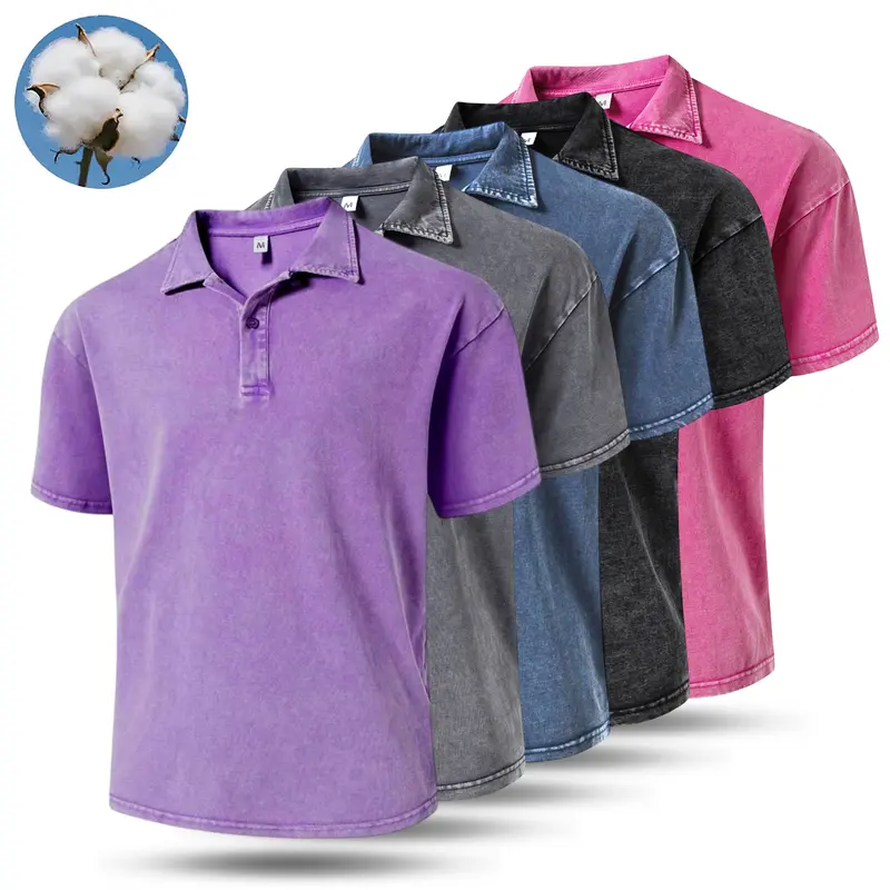 Men’s American-style washed distressed polo collar T-shirt, heavyweight solid color, loose fit, cotton casual tee