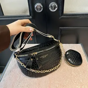 Vintage Solid Color Woven Letter Pattern PU Chest Bag, Women's Fashion Chain Decor Waist Pack Shoulder Bag with Coin Purse