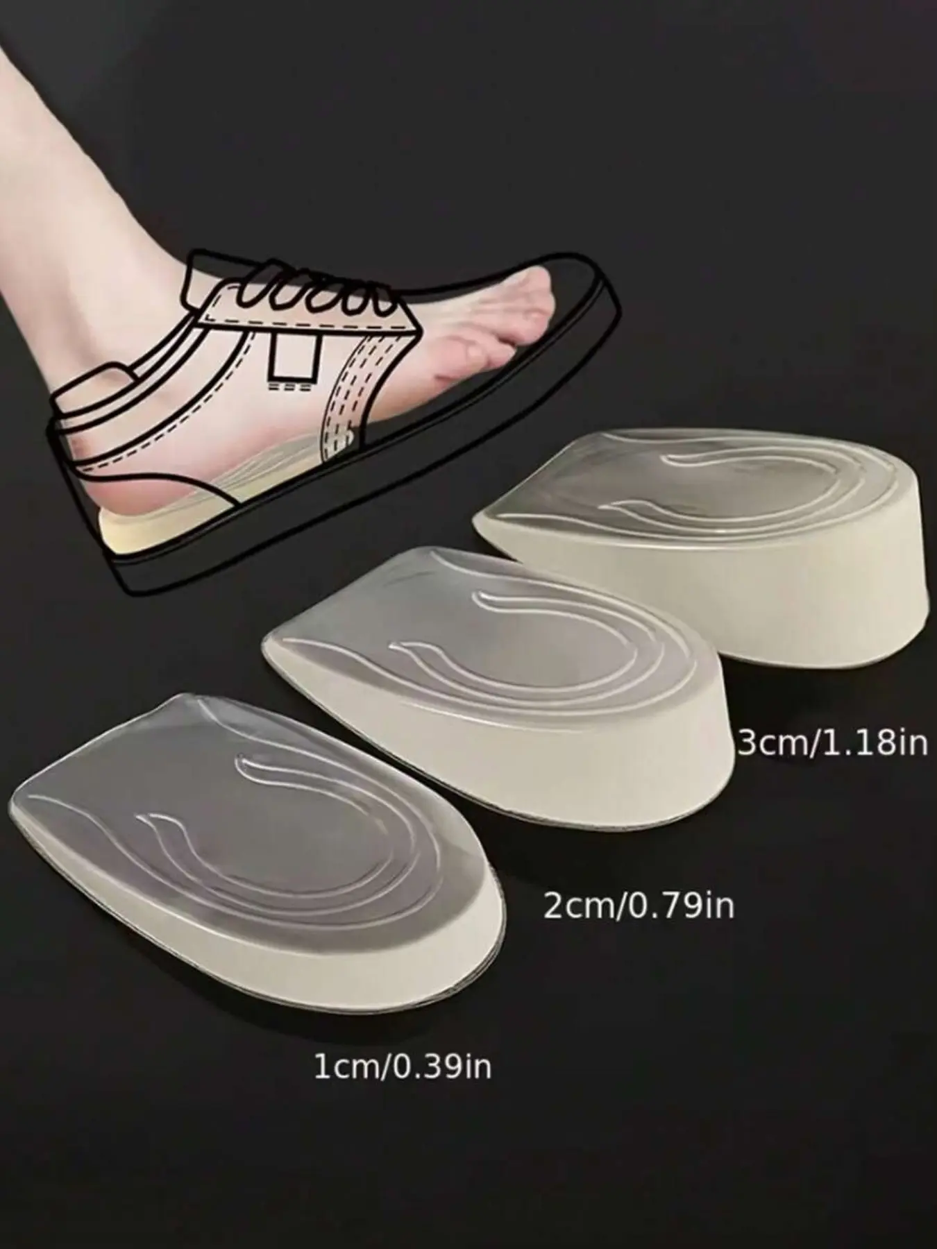 Silicone Transparent Height Increasing Insoles, Elastic Arch Support Cushioning Pads, Unisex Three Heights Available, All Seasons, Height Boosters