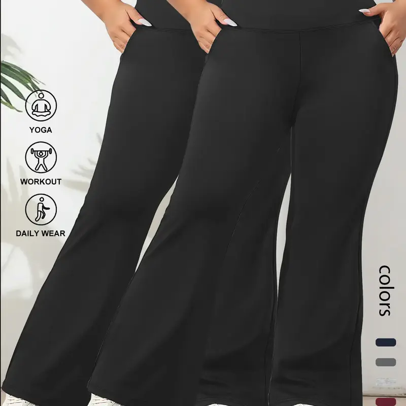 Plus Size Women's Breathable High Waist Ruched Sports Flare Pants, Abdominal Control Straight Leg Fitness Yoga Pants, Gym & Daily Wear, Athleisure Fitness Bottoms, Breathable Pants, Flared Yoga Bottoms, Workout Sportswear