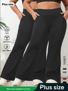 plus size women's breathable high waist flare pants, abdominal control straight leg yoga pants, gym & daily wear, two-piece set, cherry