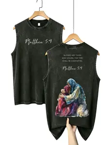 Men's Oversized Relaxed Fit Vintage Washed Christian Tank Top - Matthew 5:4 "Blessed Are Those Who Mourn", Sleeveless, Premium Soft Comfortable Casual Cotton Blend Fabric, Elegant Script Print, Watercolor Art Grunge Graphic Vest, Father's Day Gift