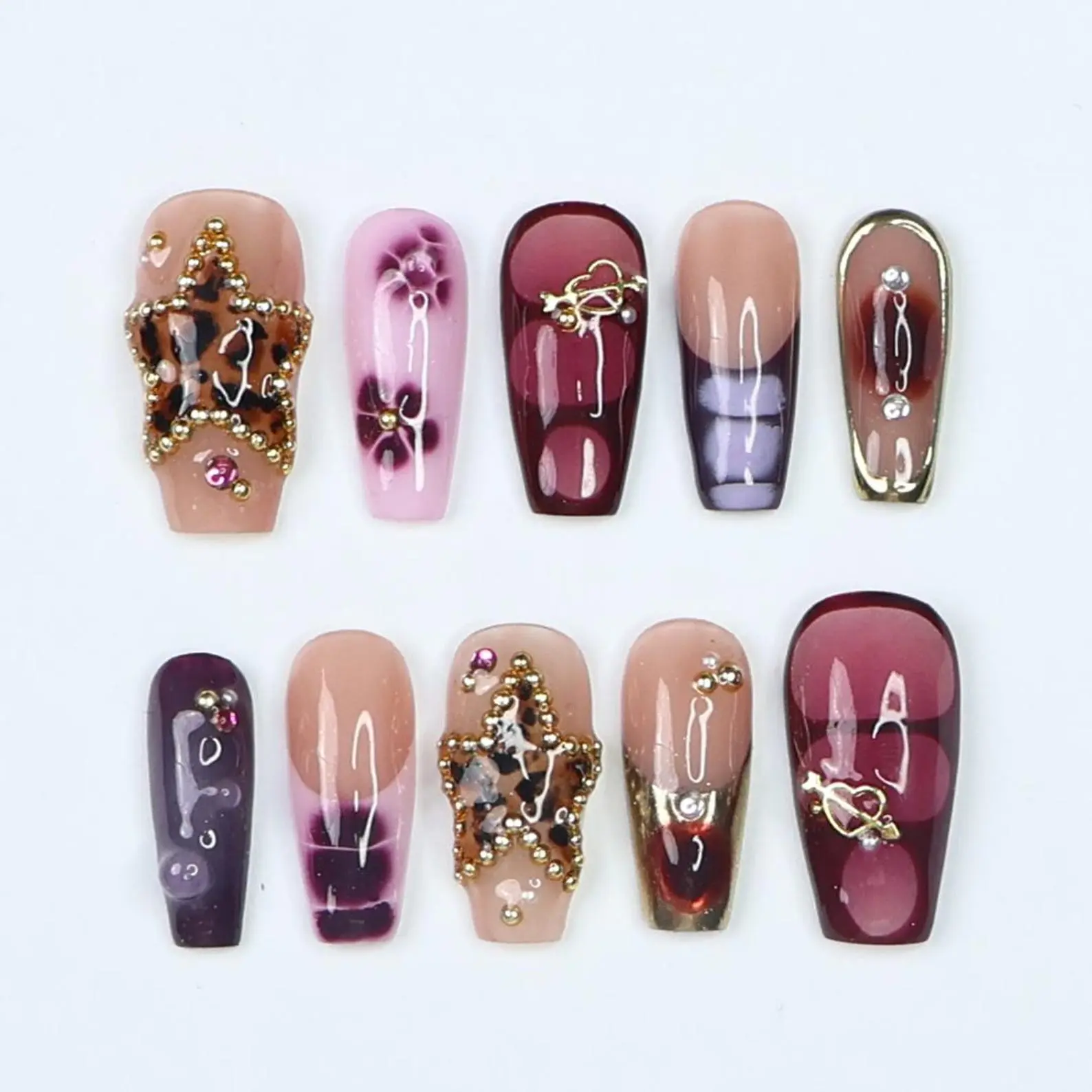 HelenNails – Starvenom Leopard Press On Nails | Handmade Glam Nail Art | Gold Stars & Medium Coffin Nails | Party-Ready Fake Nail Set – HL539