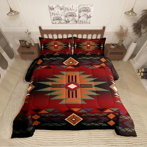 Western Comforter Set Red Black Cowboy Cowgirl Bedding Set for Boys Girls,Kids Adult Aztec Native Tribal Quilt Set Retro Geometric Arrow Striped Bohemian Duvet Insert