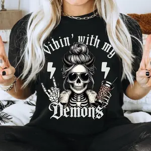 With My Demons Skeleton Tee – Gothic Demon Shirt Featuring Dark Humor Proverbs Womenswear Love Top Fabric Style Pieces Check Prints