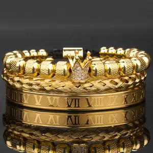 European and American retro crown woven bracelet Roman letters stainless steel mesh open bracelet three-piece set