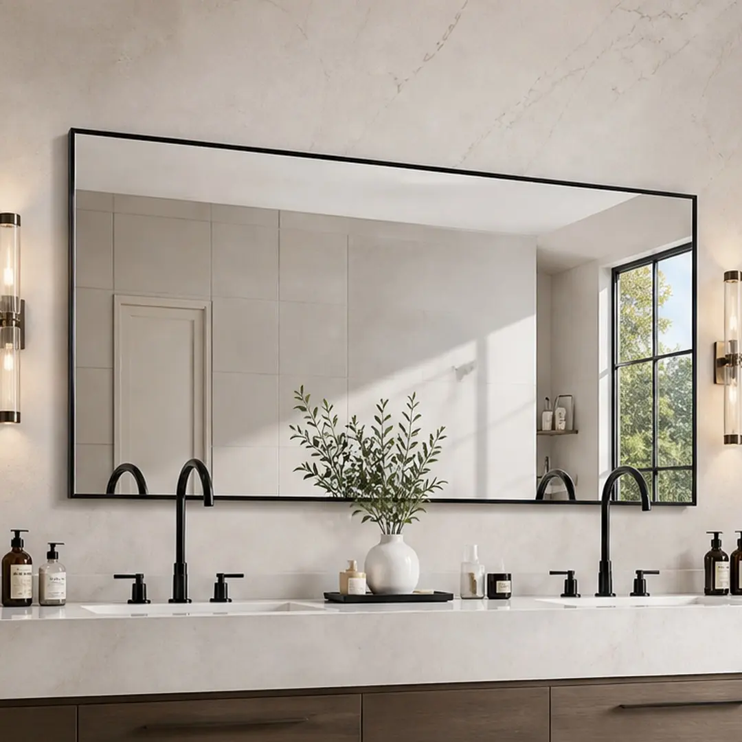 60x40 in Oversized Durable Contemporary Metal Rectangle Wall Mirror - Black Frame, Wooden Box, Removable Wall Mount, Glam Vanity Aesthetic, Room Decor, Vertical/Horizontal Use for Bathroom, Living Room, 1 Pack