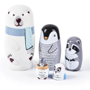 Nesting Dolls, 5Pcs 6" Tall Russian Nesting Dolls, Polar Bear Christmas Decorations, Handmade Matryoshka for Kids, Wooden Stacking Toys for Christmas Home Wedding Party Decorations