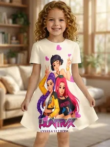 Heart Girl Dress, Graphic Print Dress, European and American Idol Combination Print, Fitted Asymmetrical Design, Knee Length, Short Sleeve, Casual Style